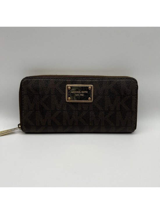 Michael Kors Handbags - Michael Kors Brown Logo Zip-Around Wallet With Gold-Tone Hardware